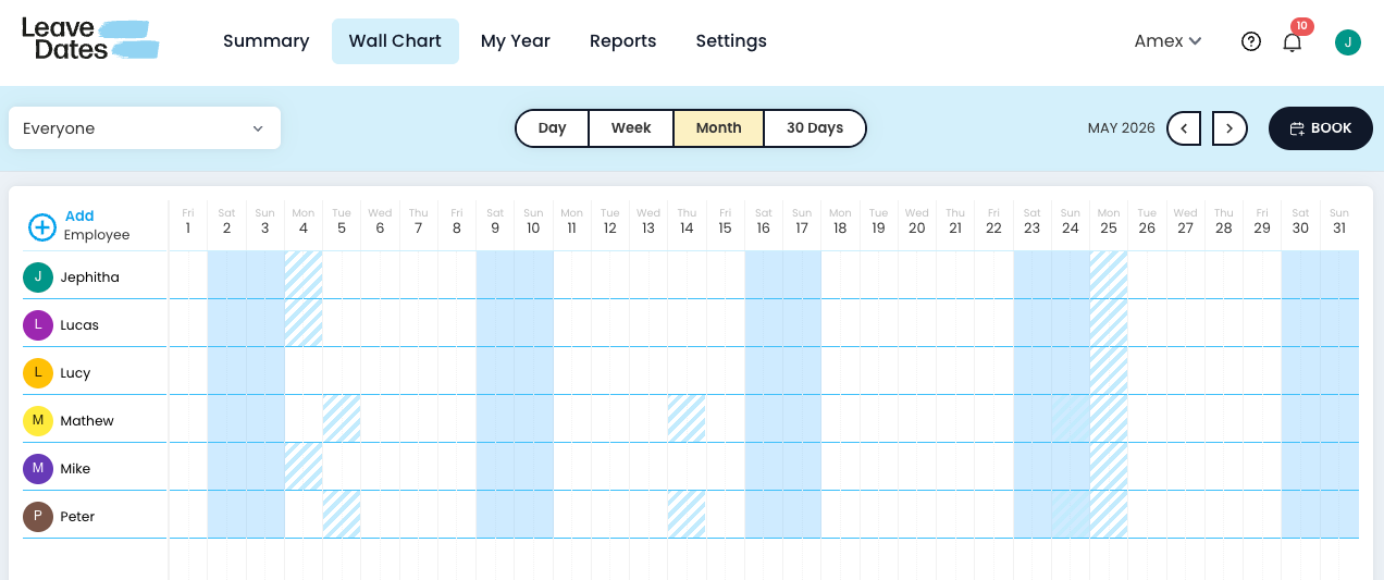 A wall chart showing public holidays and weekends.