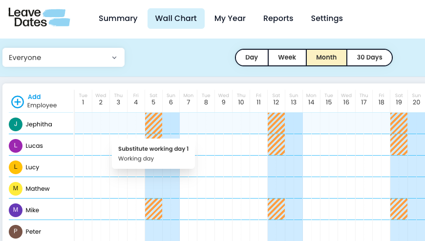 Extra working days as seen in the wall chart