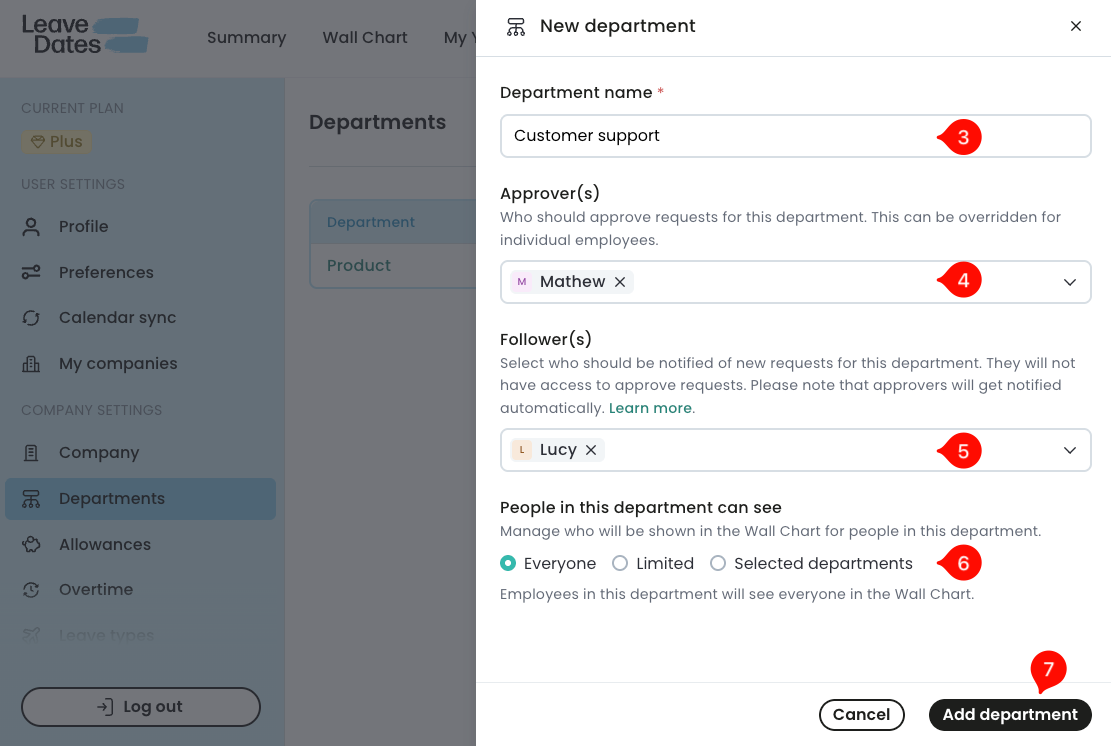 Fill in the name, approvers, followers and select visibility options for the department.