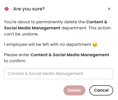 Confirm department deletion.