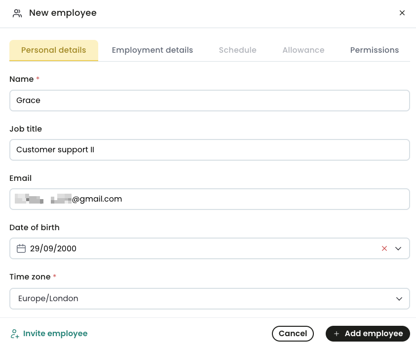 New employee: personal details