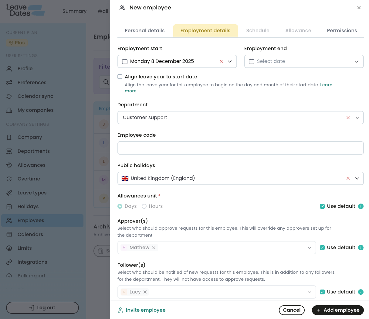 New employee: employment details