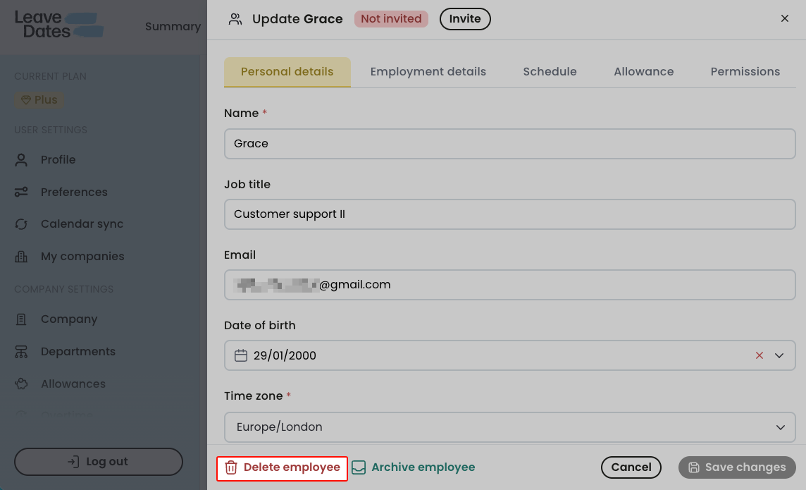 Delete employee profile