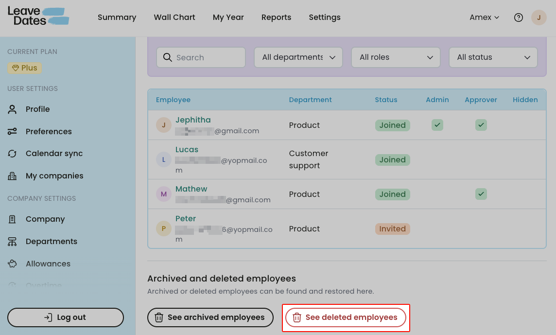 See deleted employees. Inactive if there's none.