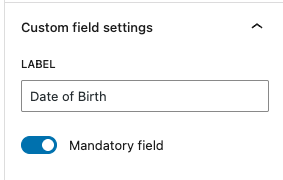 MailPoet Custom Field setting showing the Mandatory field option.