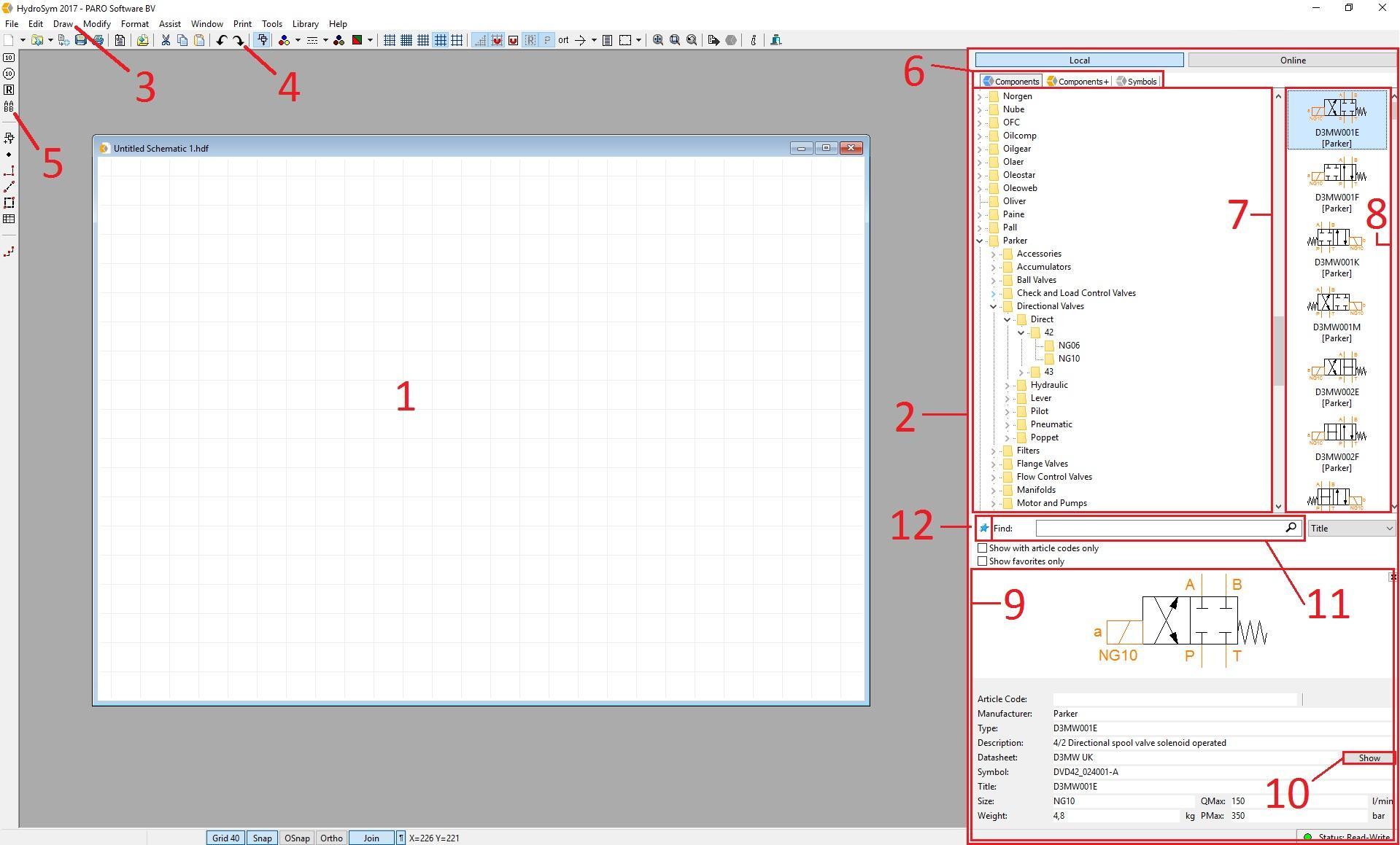 Screenshot of HydroSym interface with numbered interface elements