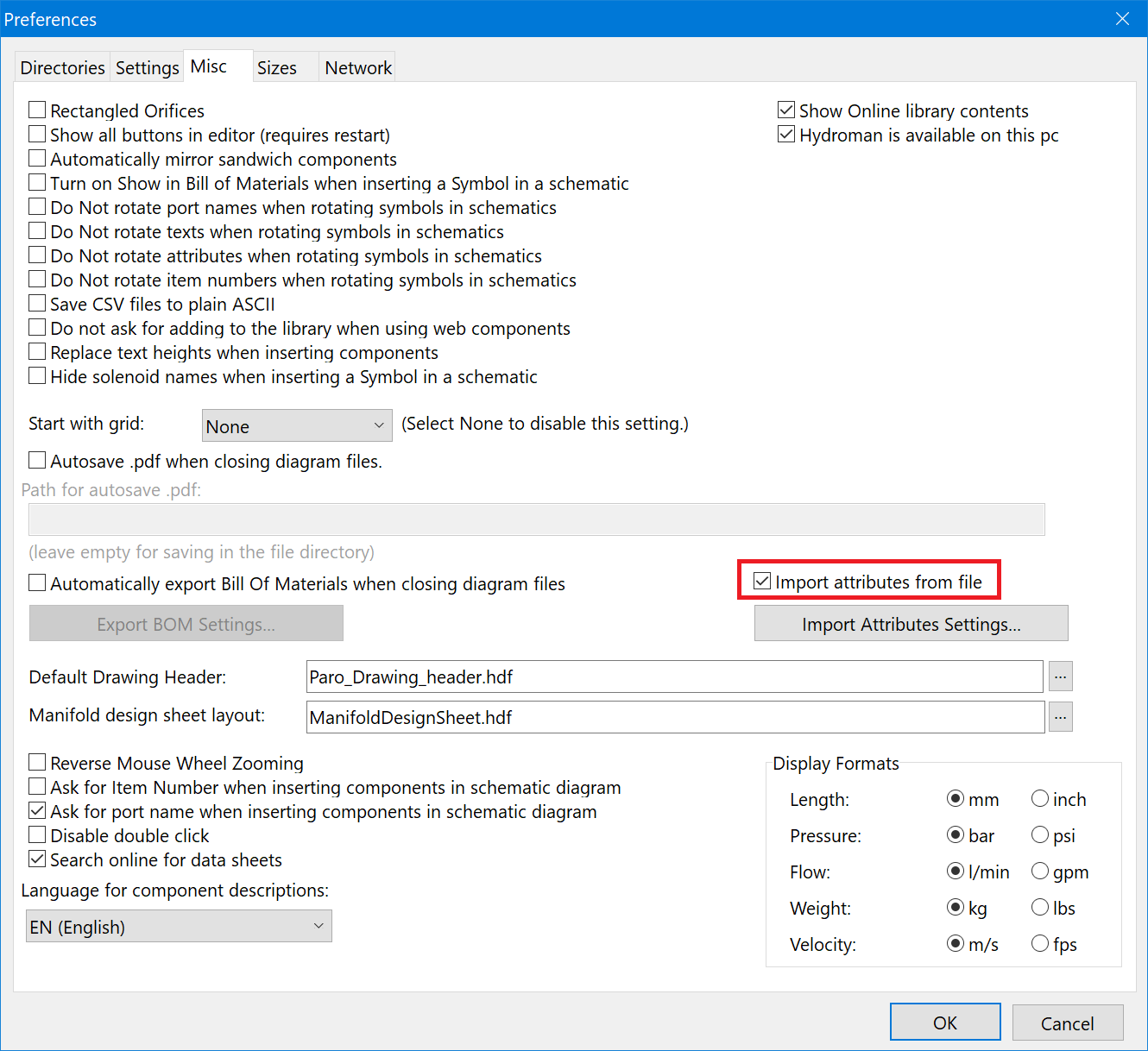 Screenshot of Preferences dialog, highlighting the ‘Import attributes from file’ option