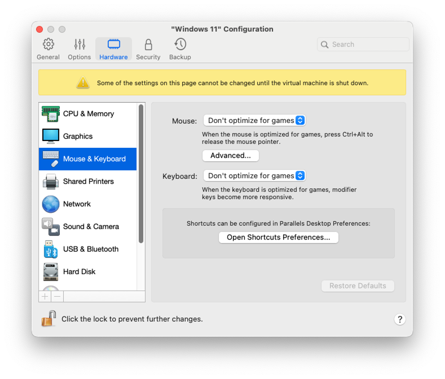 VM settings for mouse and keyboard