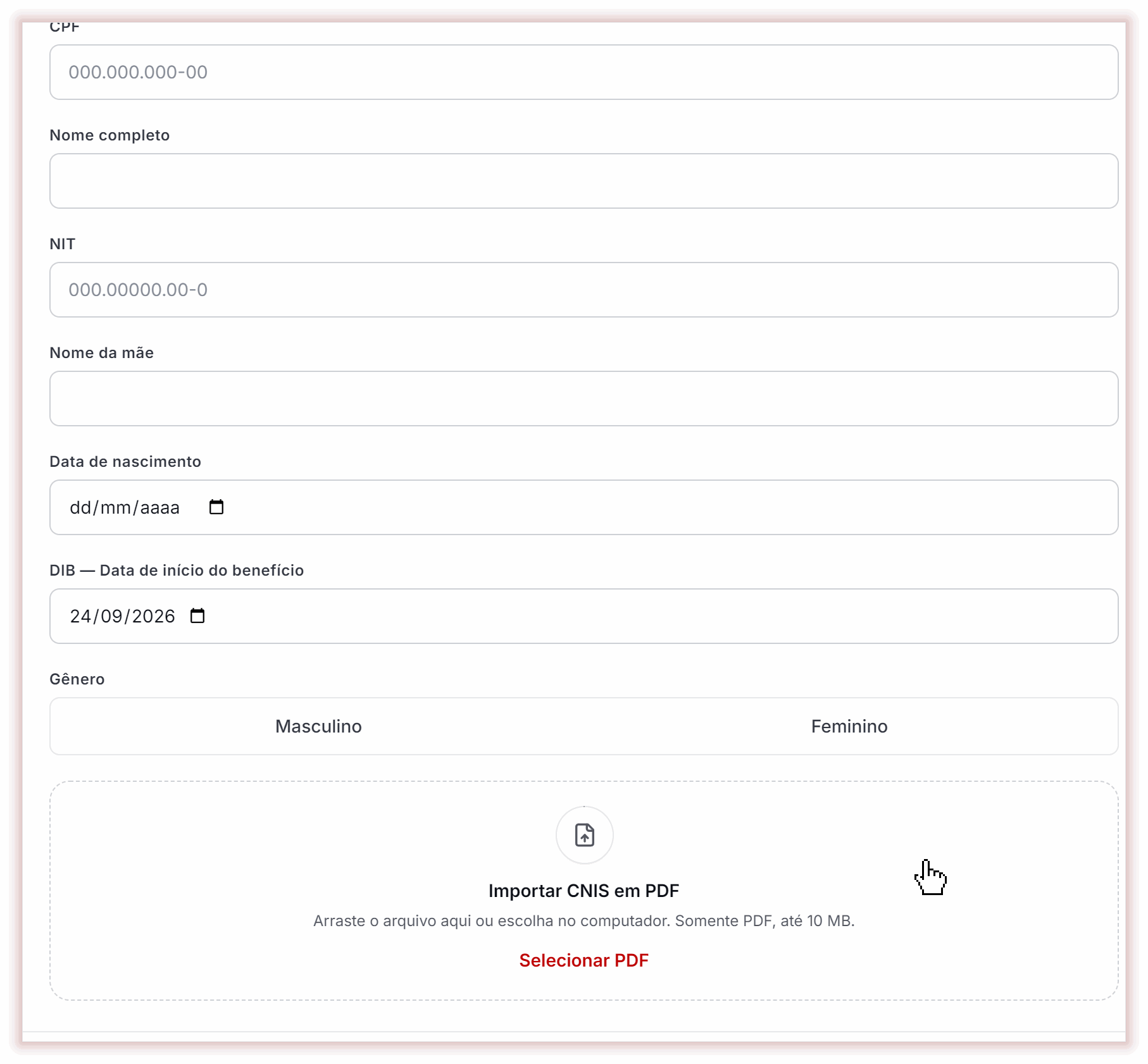 Em Importar CNIS em PDF, clique em Selecionar PDF e escolha o arquivo: os dados do segurado são preenchidos e os vínculos aparecem em Vínculos. CNIS fictício.