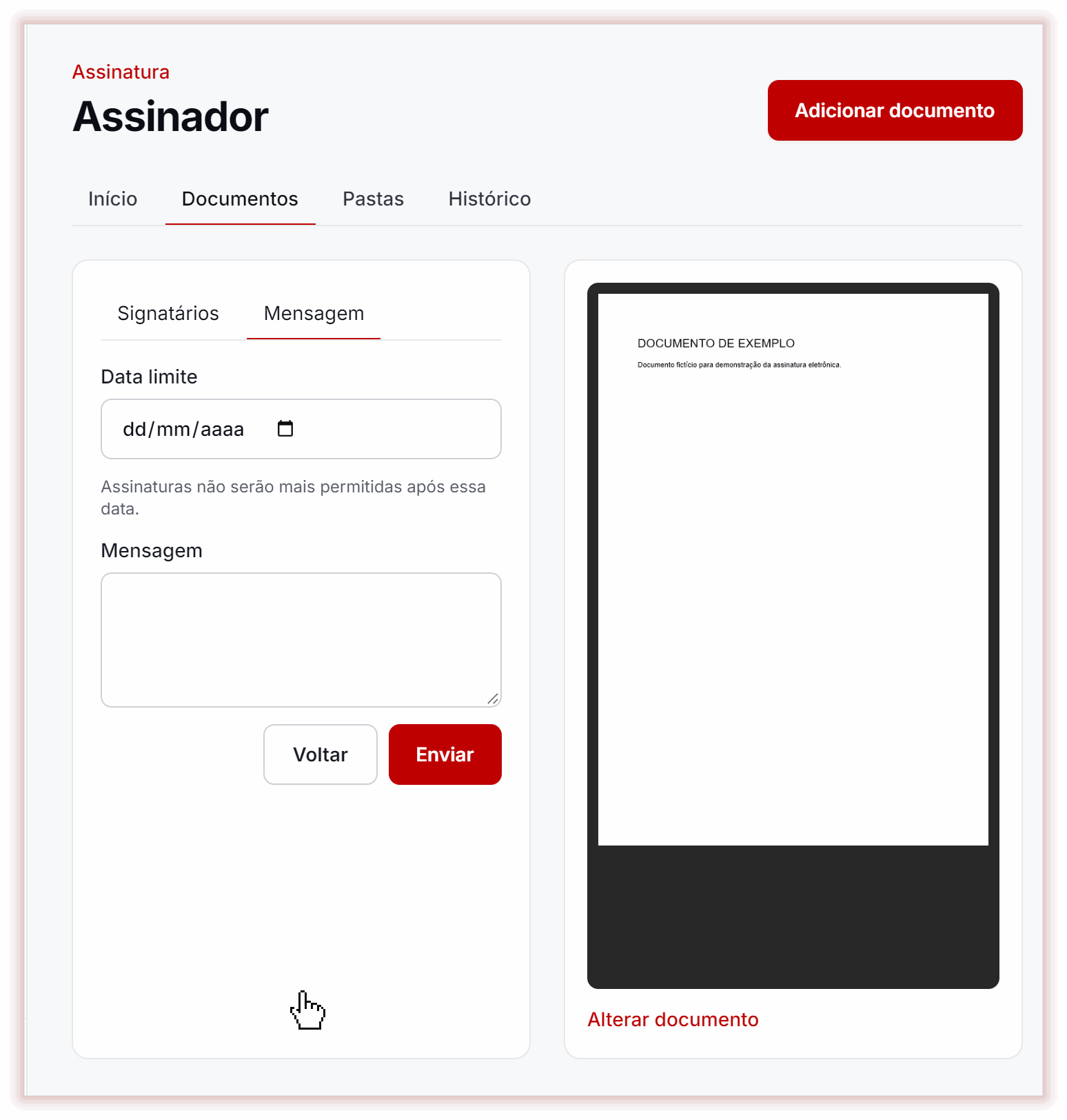 Escolha a data limite, escreva a mensagem e clique em Enviar. Aparece Documento enviado para assinatura: clique em Concluir sem pasta. Dados fictícios.
