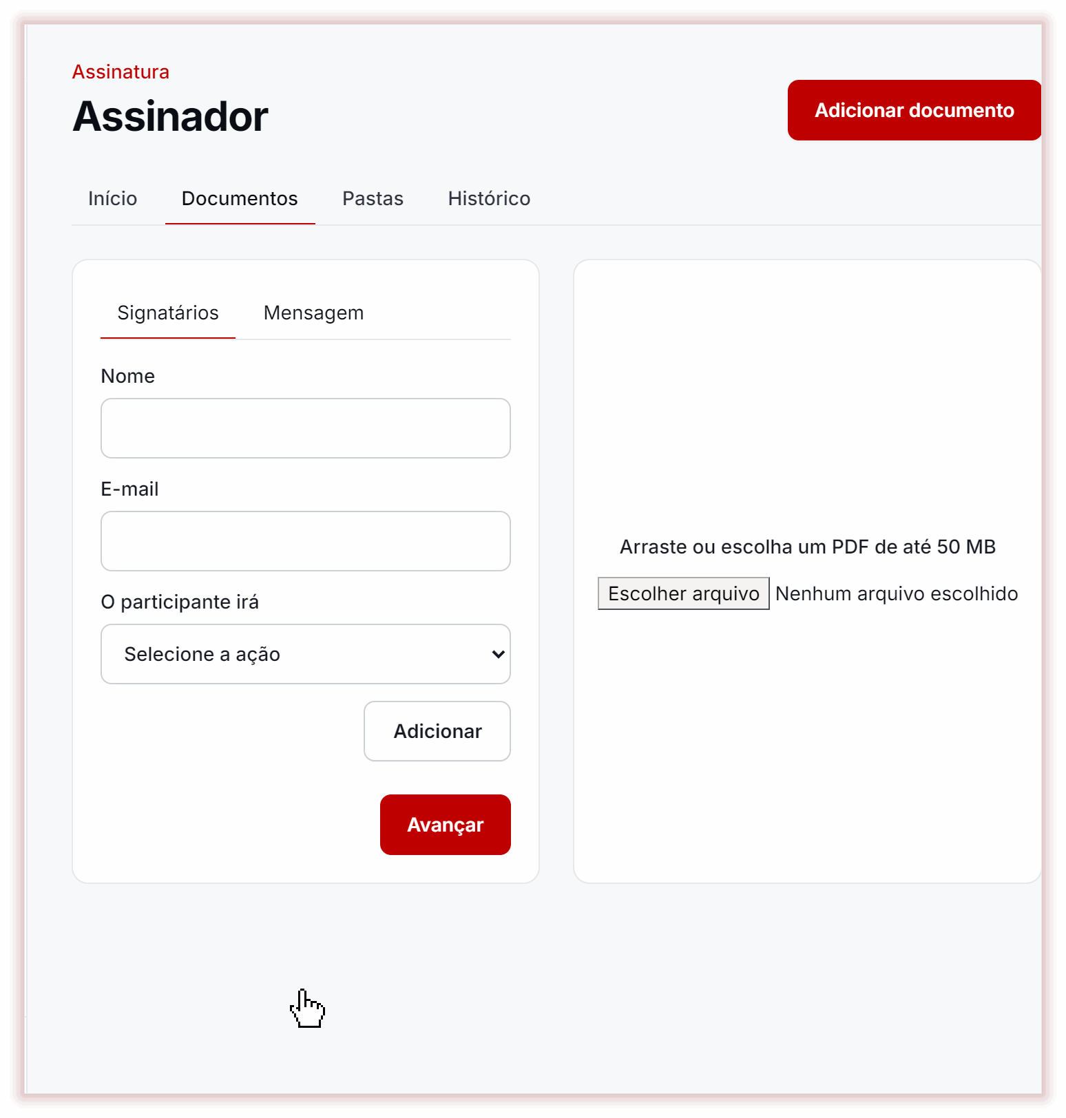 Escolha o PDF, preencha o nome e o e-mail do signatário, escolha Assinar, clique em Adicionar e depois em Avançar. Dados fictícios.