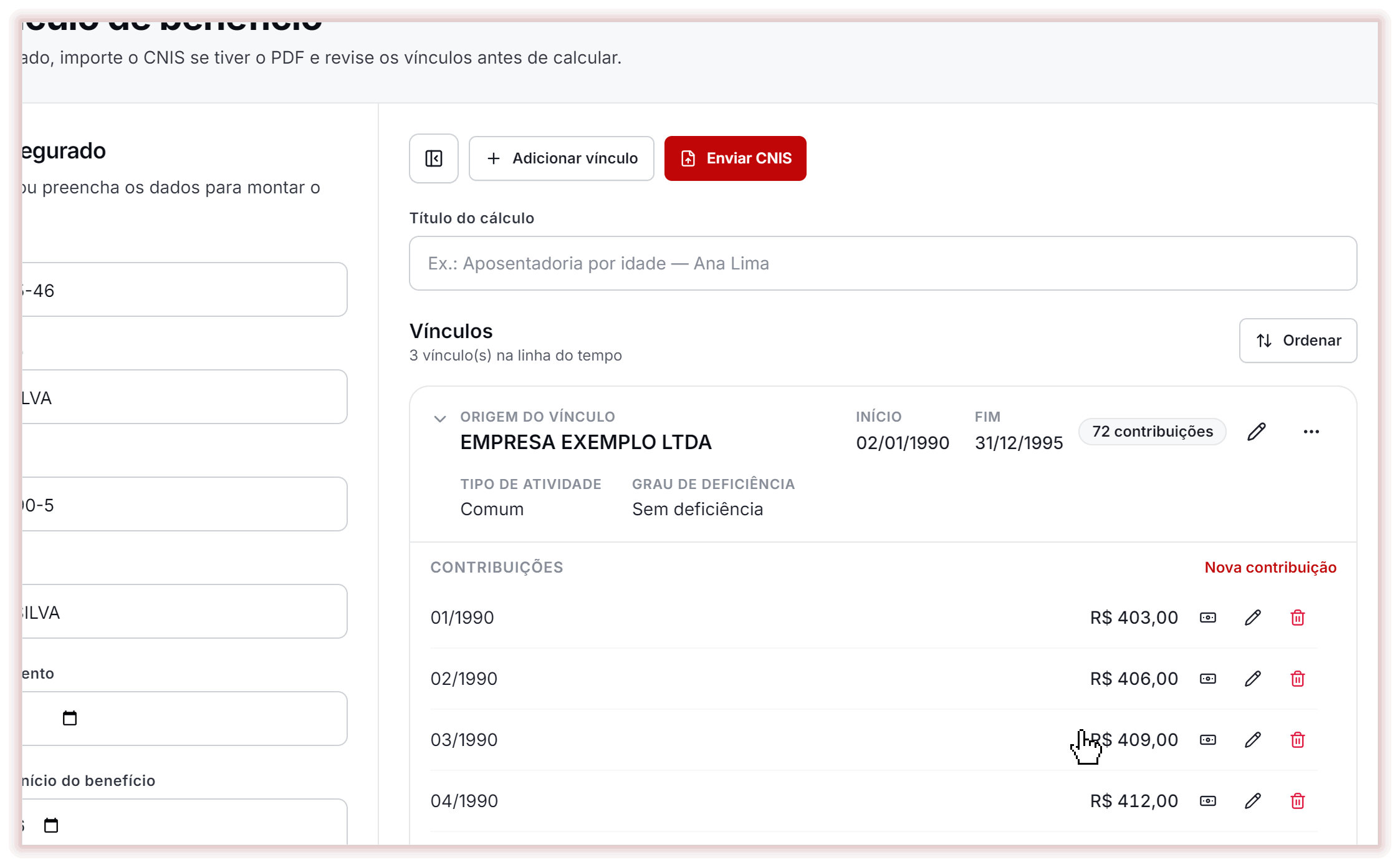 Abra o menu ⋯ do vínculo e escolha Editar para conferir tipo de atividade, grau de deficiência e datas. CNIS fictício.