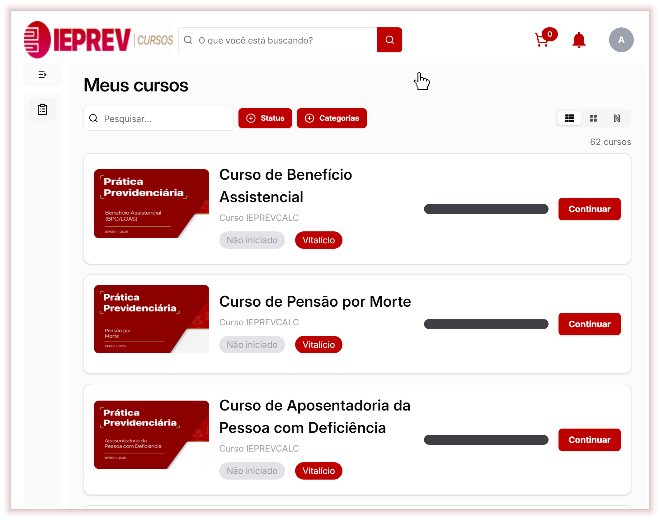 Em Meus cursos, clique no campo Pesquisar... e digite incapacidade: a lista passa a mostrar só os cursos com essa palavra. No cartão do Curso de Benefícios por Incapacidade, clique em Continuar.