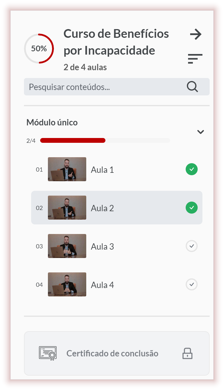 Lista de aulas do Curso de Benefícios por Incapacidade: Aula 1 a Aula 4 e, no fim da lista, o item Certificado de conclusão.
