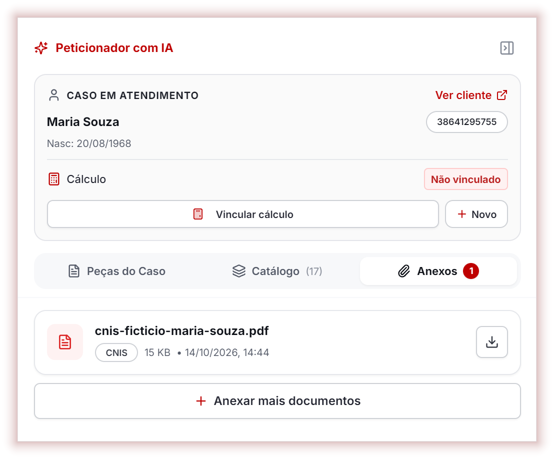 Aba Anexos com o CNIS anexado, a natureza, o tamanho, a data e o botão Anexar mais documentos. Dados fictícios.