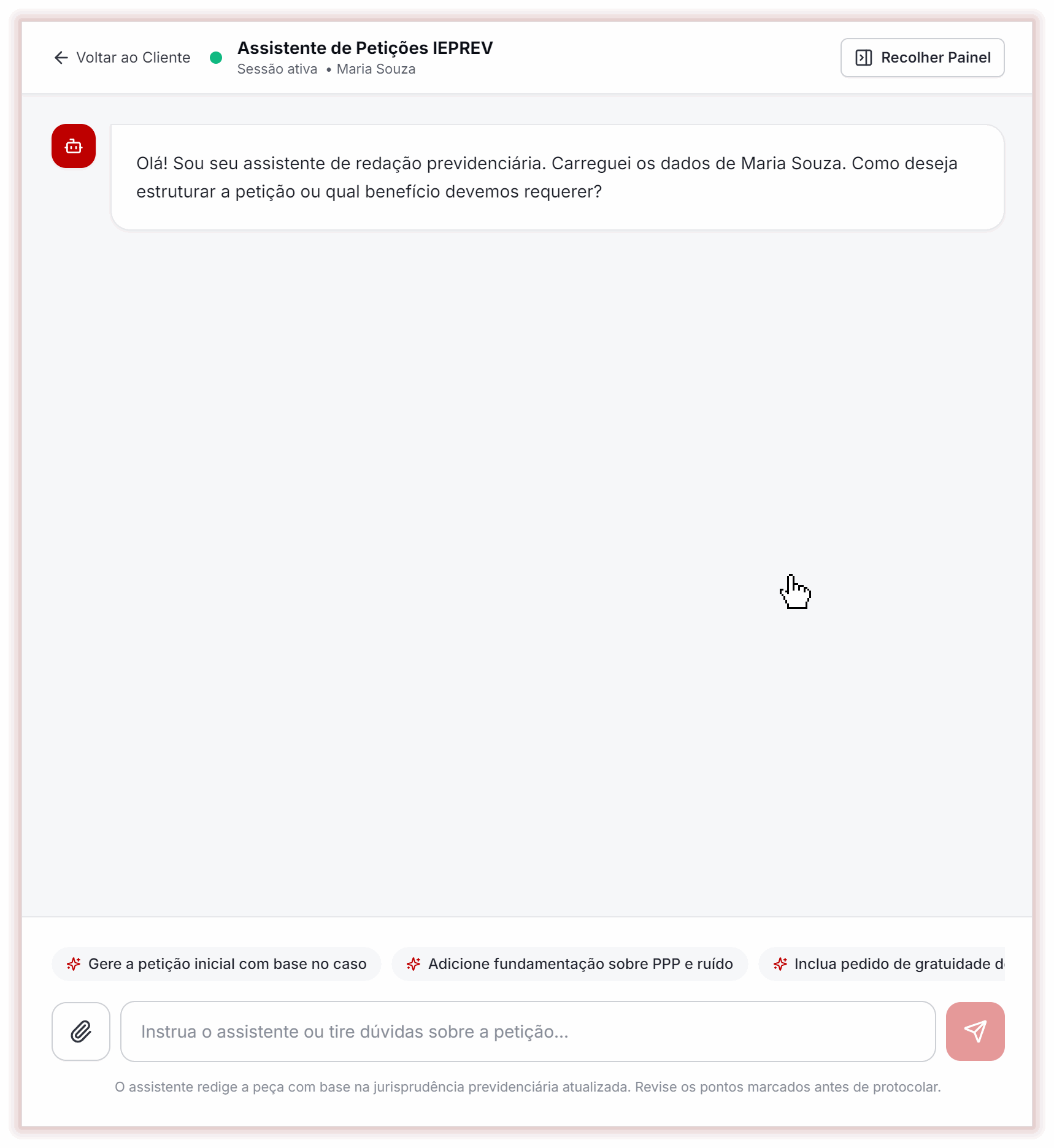 Clique no clipe, escolha o PDF, marque CNIS e clique em Anexar. Escreva o pedido e envie: o assistente responde com os vínculos do CNIS. Dados fictícios.