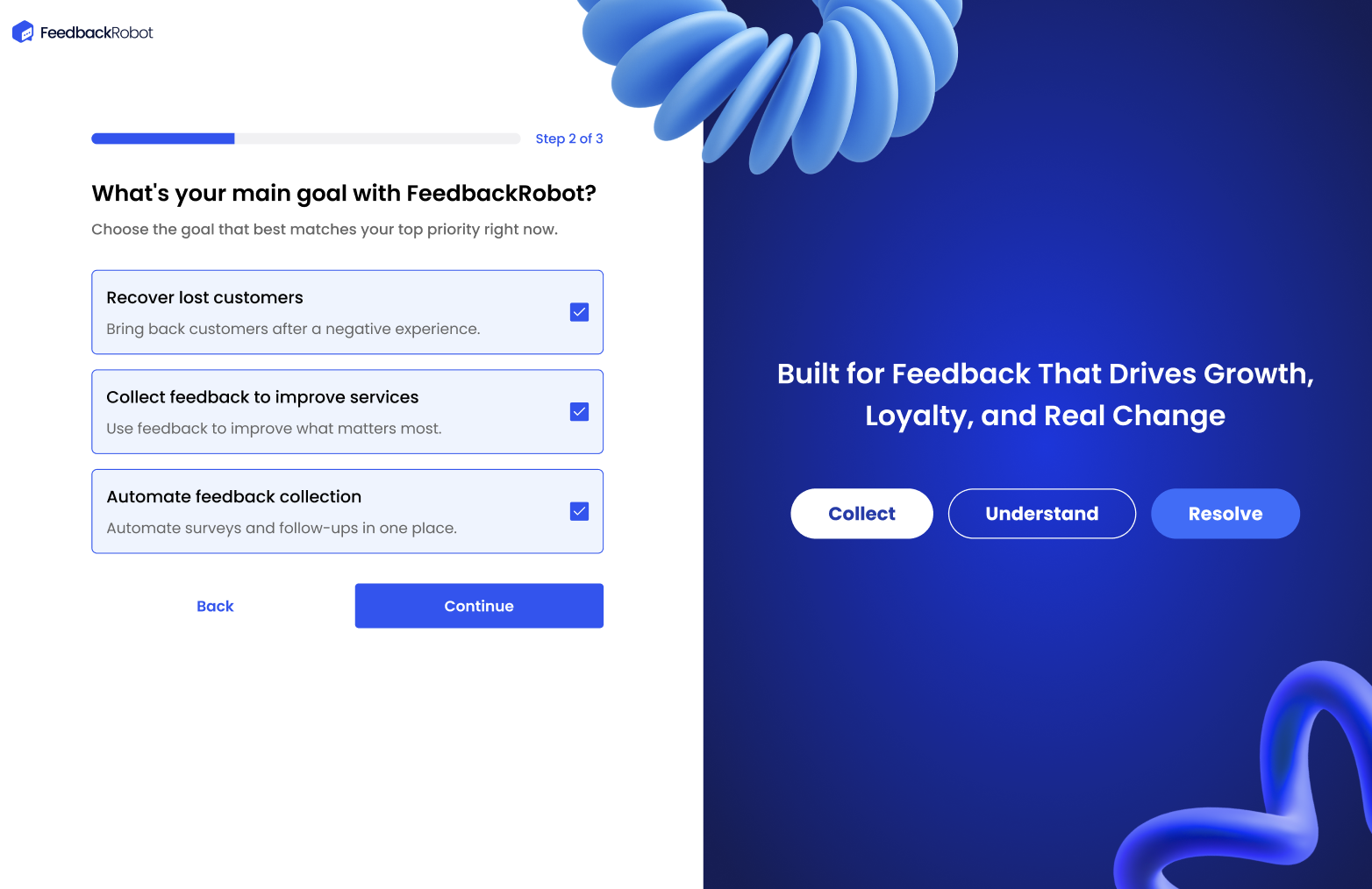 Onboarding Step 2 asking ‘What’s your main goal with FeedbackRobot?’ showing three checkbox options.