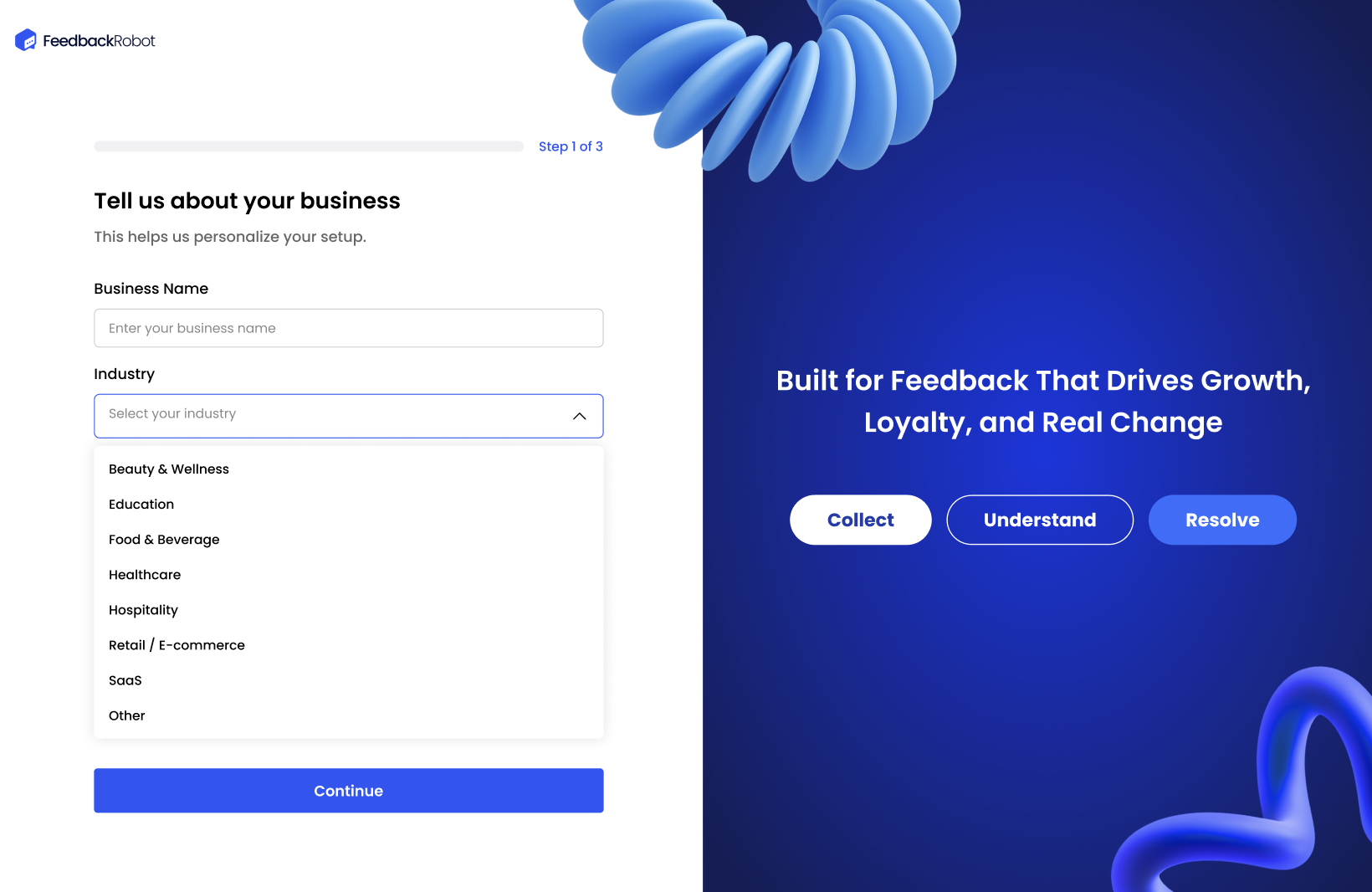 Onboarding wizard screen titled ‘Starting in 3 steps,’ listing Step 1: Business Info, Step 2: Feedback Goals, and Step 3: Recovery Strategy.