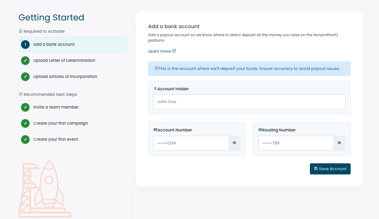 The NonprofitsHQ payout account configuration wizard