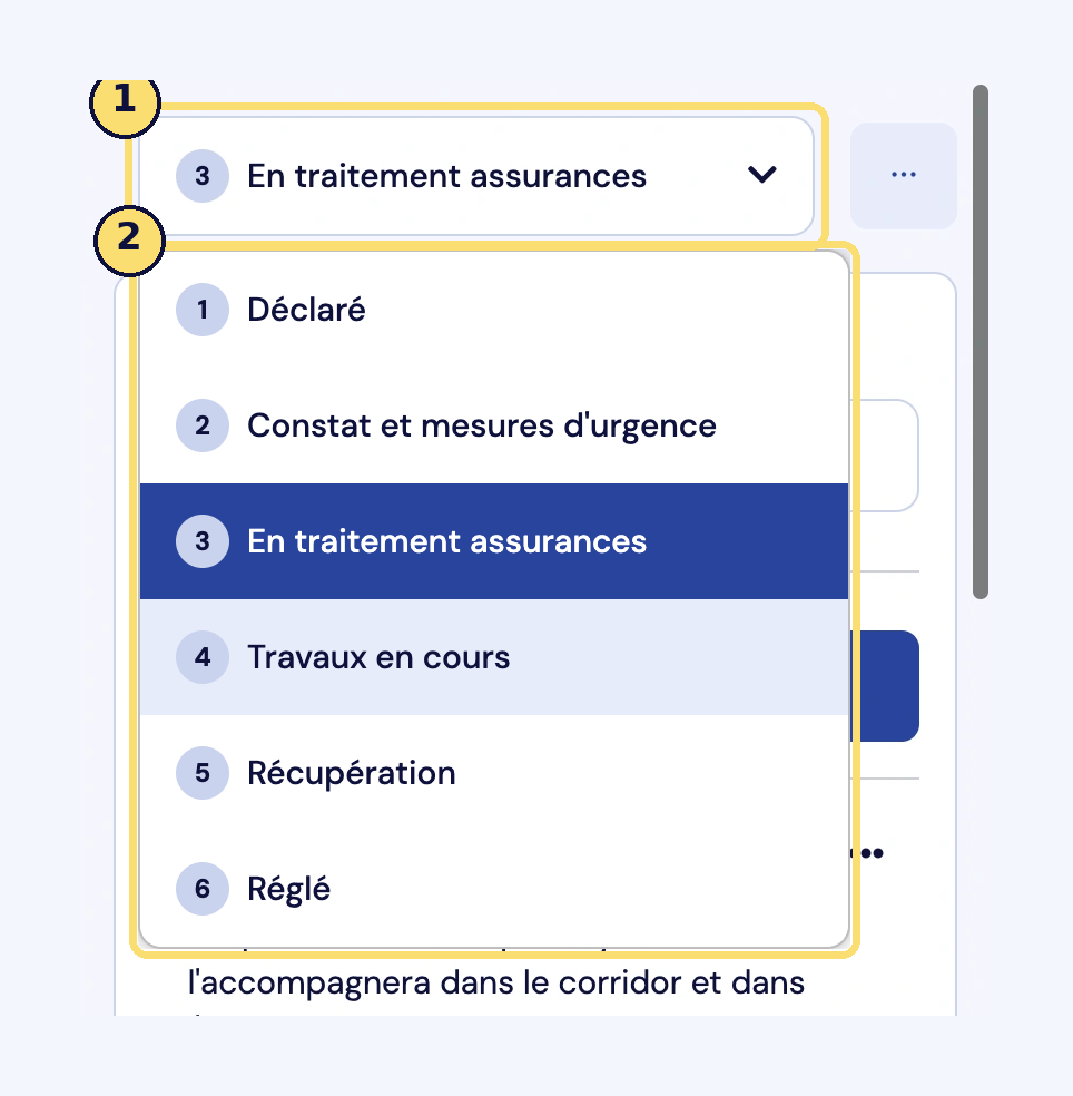 Capture du statut d'un sinistre (1) et de la liste de ses six étapes, de Déclaré à Réglé (2).