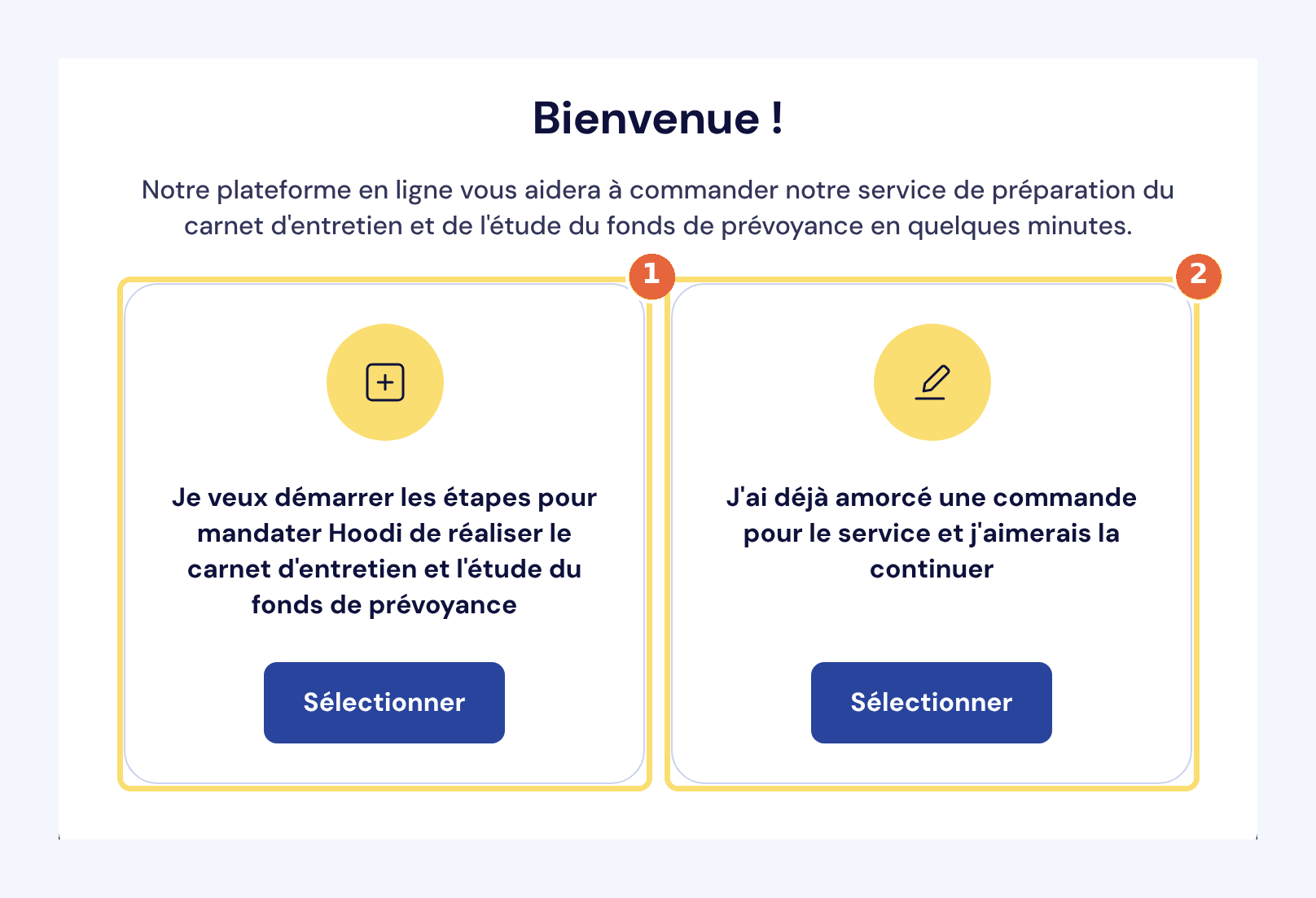Capture de l'accueil de la commande en ligne : le choix « Je veux démarrer les étapes pour mandater Hoodi » (1) et le choix « J'ai déjà amorcé une commande » (2).