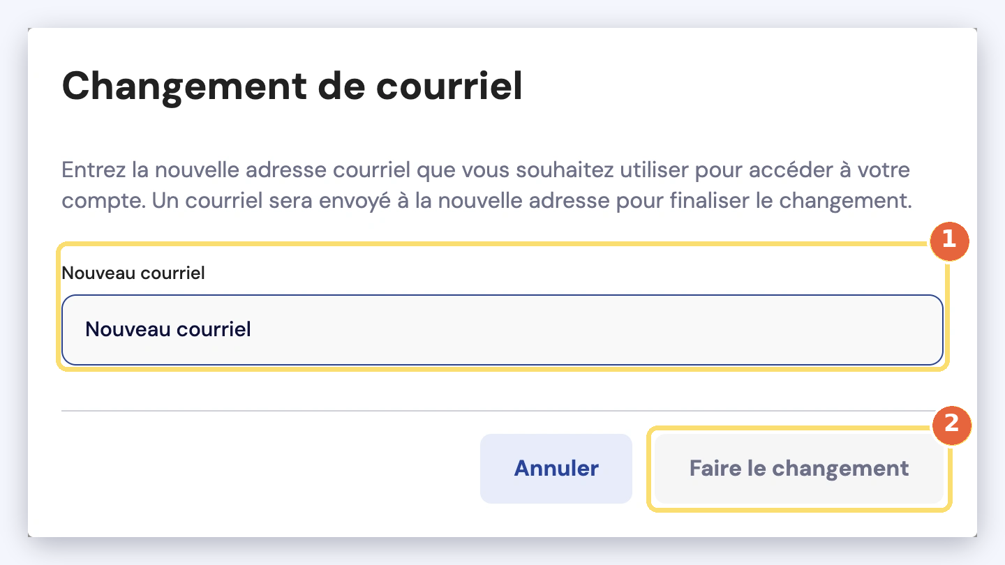 Capture de la fenêtre Changement de courriel : le nouveau courriel (1) et le bouton Faire le changement (2).