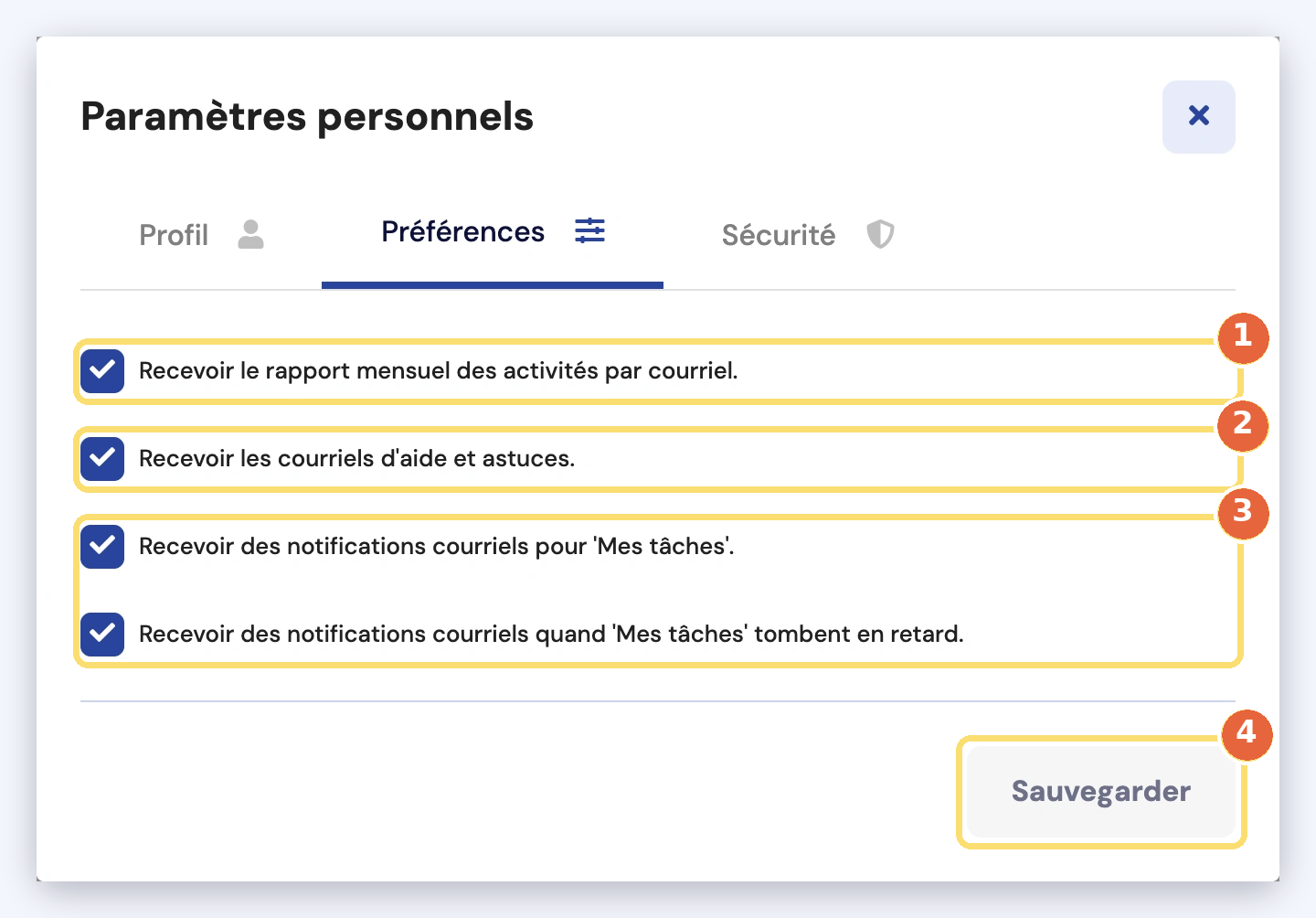 Capture de l'onglet Préférences : rapport mensuel des activités (1), courriels d'aide et astuces (2), notifications pour Mes tâches et pour les tâches en retard (3), bouton Sauvegarder (4).