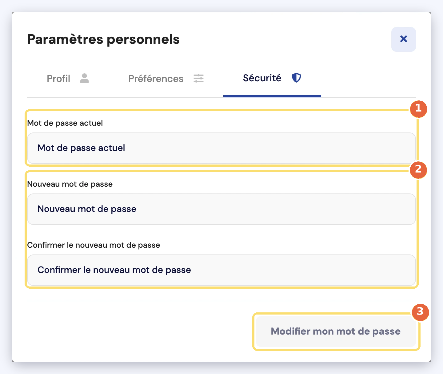 Capture de l'onglet Sécurité : le mot de passe actuel (1), le nouveau mot de passe et sa confirmation (2), le bouton Modifier mon mot de passe (3).