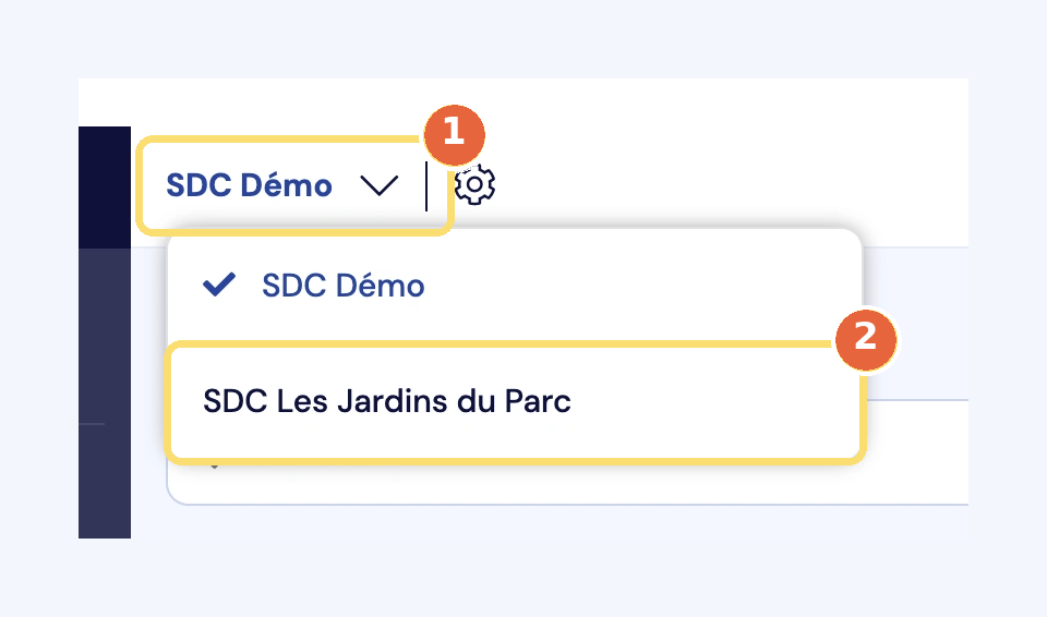 Capture du sélecteur de syndicat de l'en-tête (1), ouvert sur la liste des syndicats, avec un autre syndicat à choisir (2).