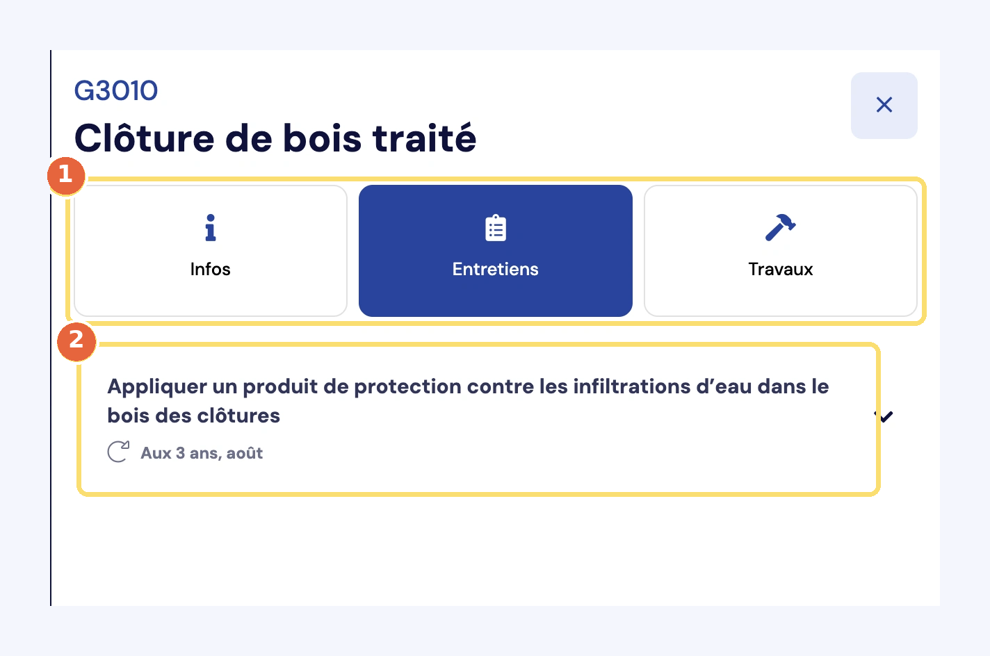 Capture du volet Détails d'un élément de la librairie : les onglets Infos, Entretiens et Travaux (1) et un entretien livré avec l'élément, avec sa récurrence (2).