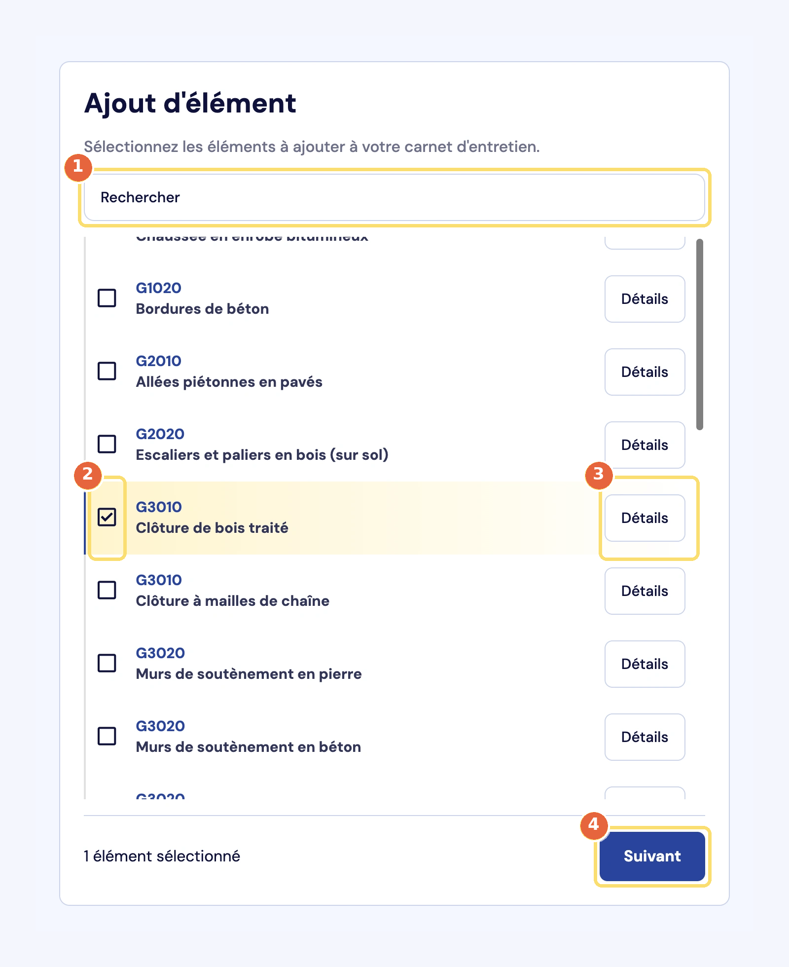 Capture de la librairie : recherche (1), case à cocher d'un élément (2), bouton Détails (3) et bouton Suivant avec le nombre d'éléments sélectionnés (4).