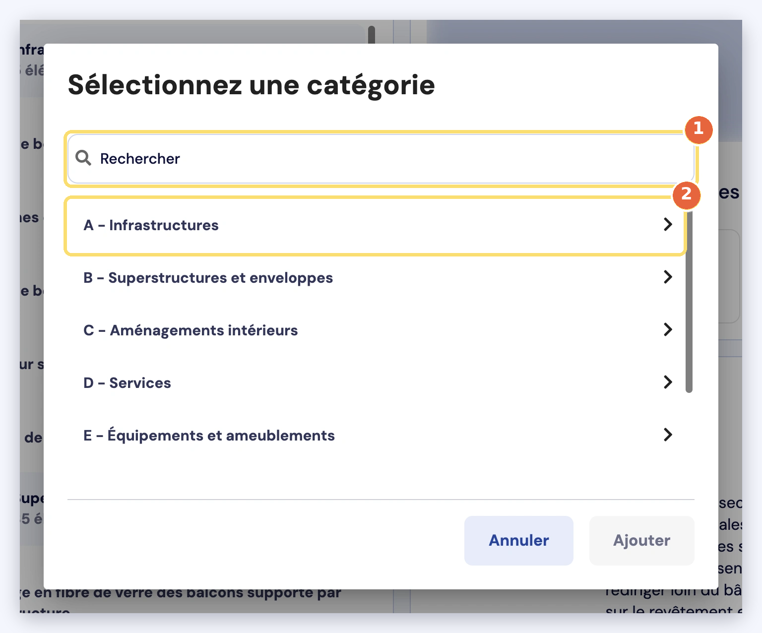 Capture de la fenêtre Sélectionnez une catégorie : la recherche (1) et la première catégorie, A - Infrastructures (2).