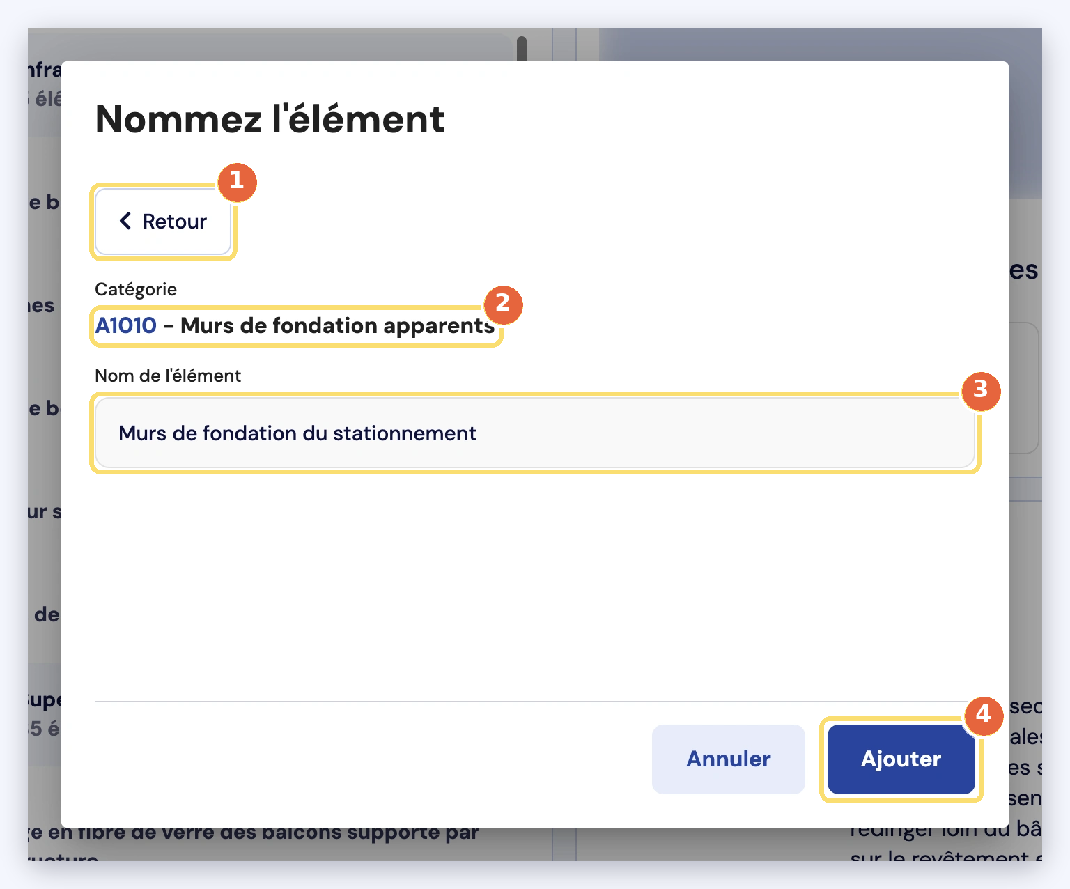 Capture de la fenêtre Nommez l'élément : bouton Retour (1), catégorie choisie (2), nom de l'élément (3), bouton Ajouter (4).