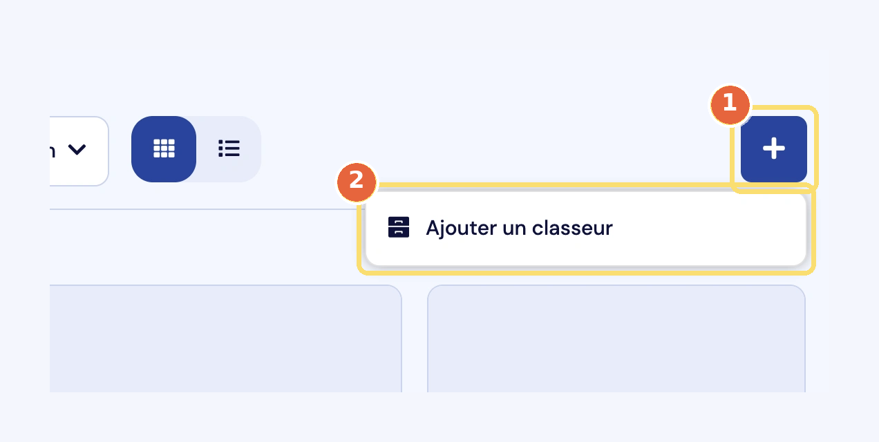Capture du bouton + à la racine des Documents (1) et de son choix Ajouter un classeur (2).