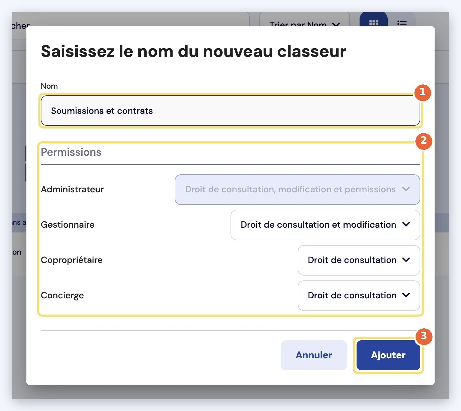 Capture de la fenêtre de création d'un classeur : nom (1), permissions par rôle proposées par défaut (2), bouton Ajouter (3).