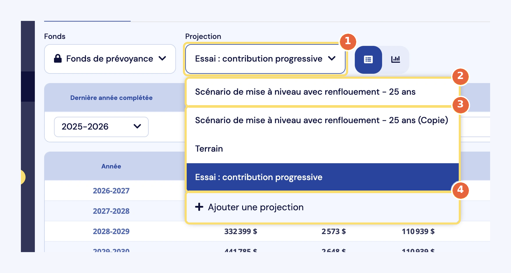 Capture du sélecteur de projection (1) ouvert : la projection livrée avec l'étude (2), des projections créées par le syndicat (3) et le choix Ajouter une projection (4).