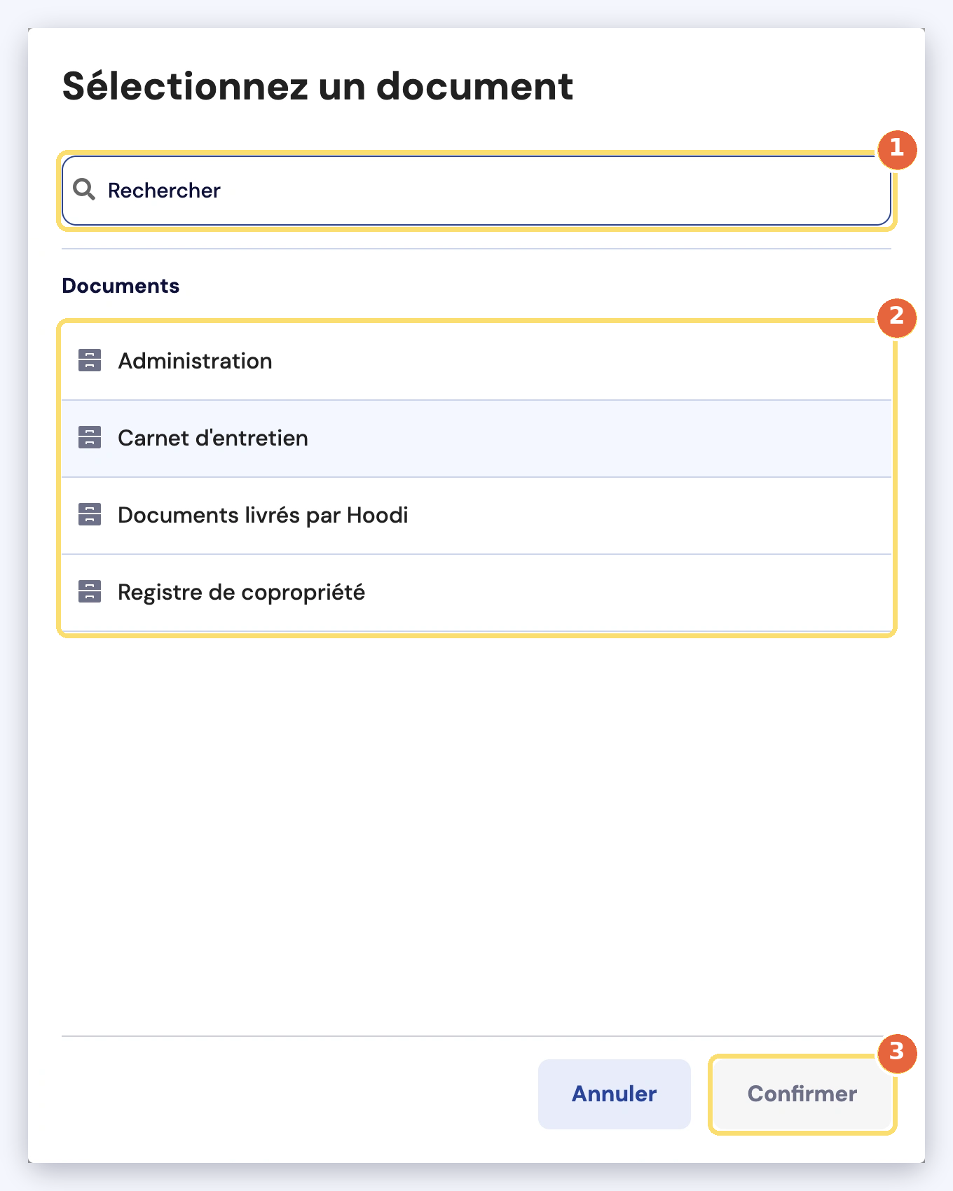 Capture de la fenêtre Sélectionnez un document : le champ Rechercher (1), les dossiers des documents du syndicat (2) et le bouton Confirmer (3).