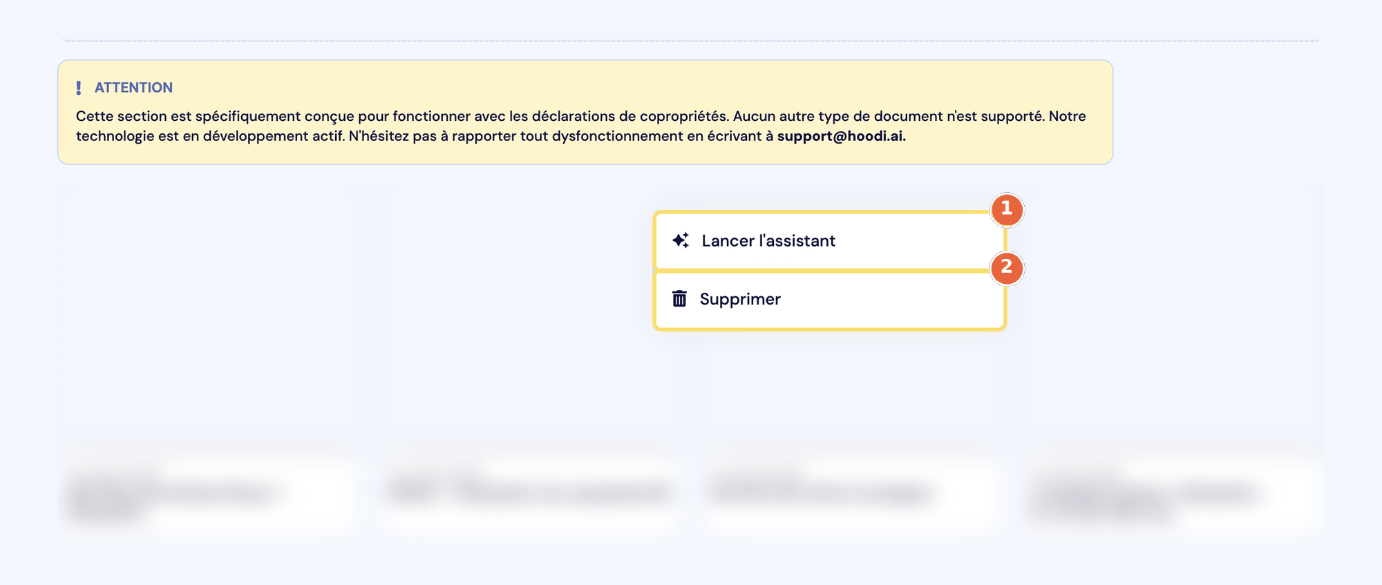 Capture du menu d'une déclaration convertie : Lancer l'assistant (1) et Supprimer (2). Les vignettes sont floutées.