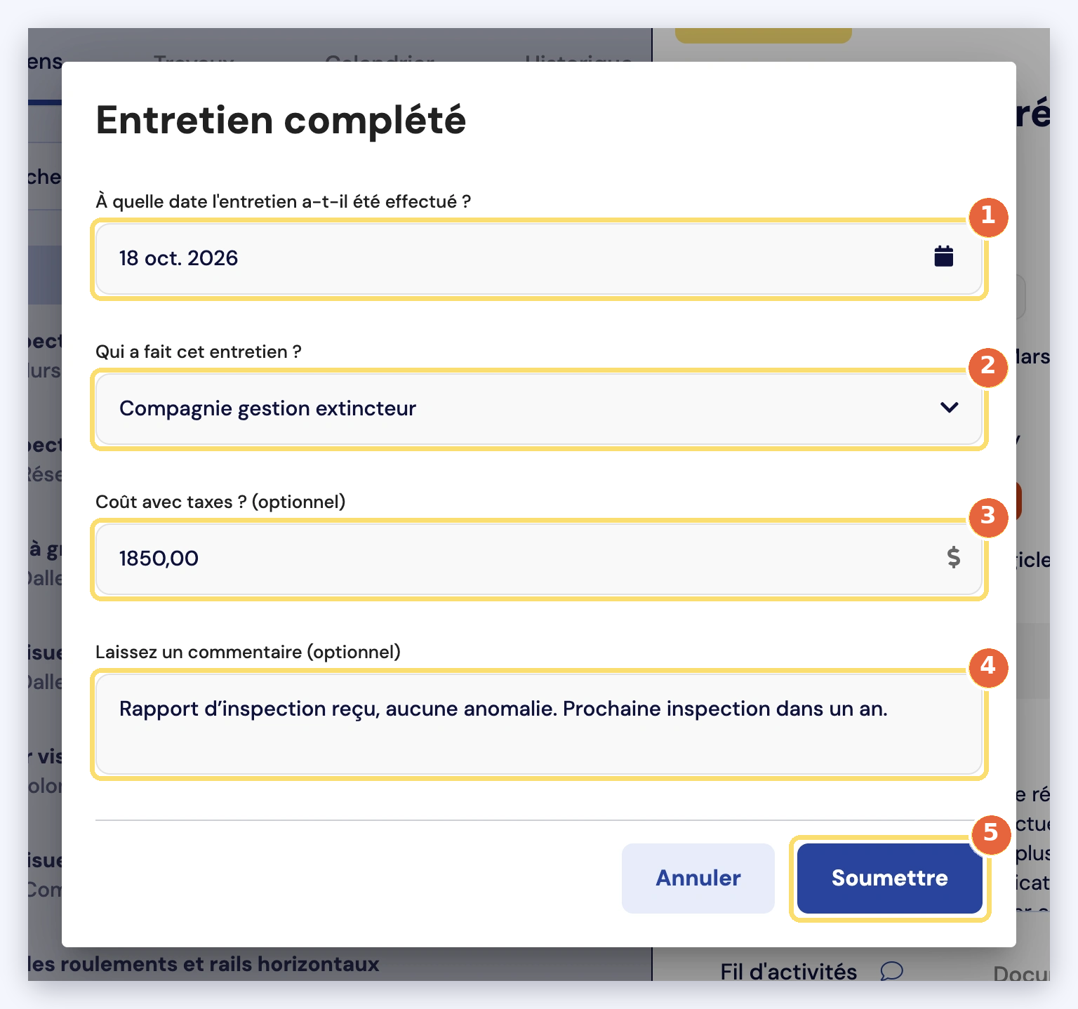 Capture de la fenêtre Entretien complété, remplie : date de réalisation (1), qui a fait l'entretien (2), coût avec taxes (3), commentaire (4), bouton Soumettre (5).