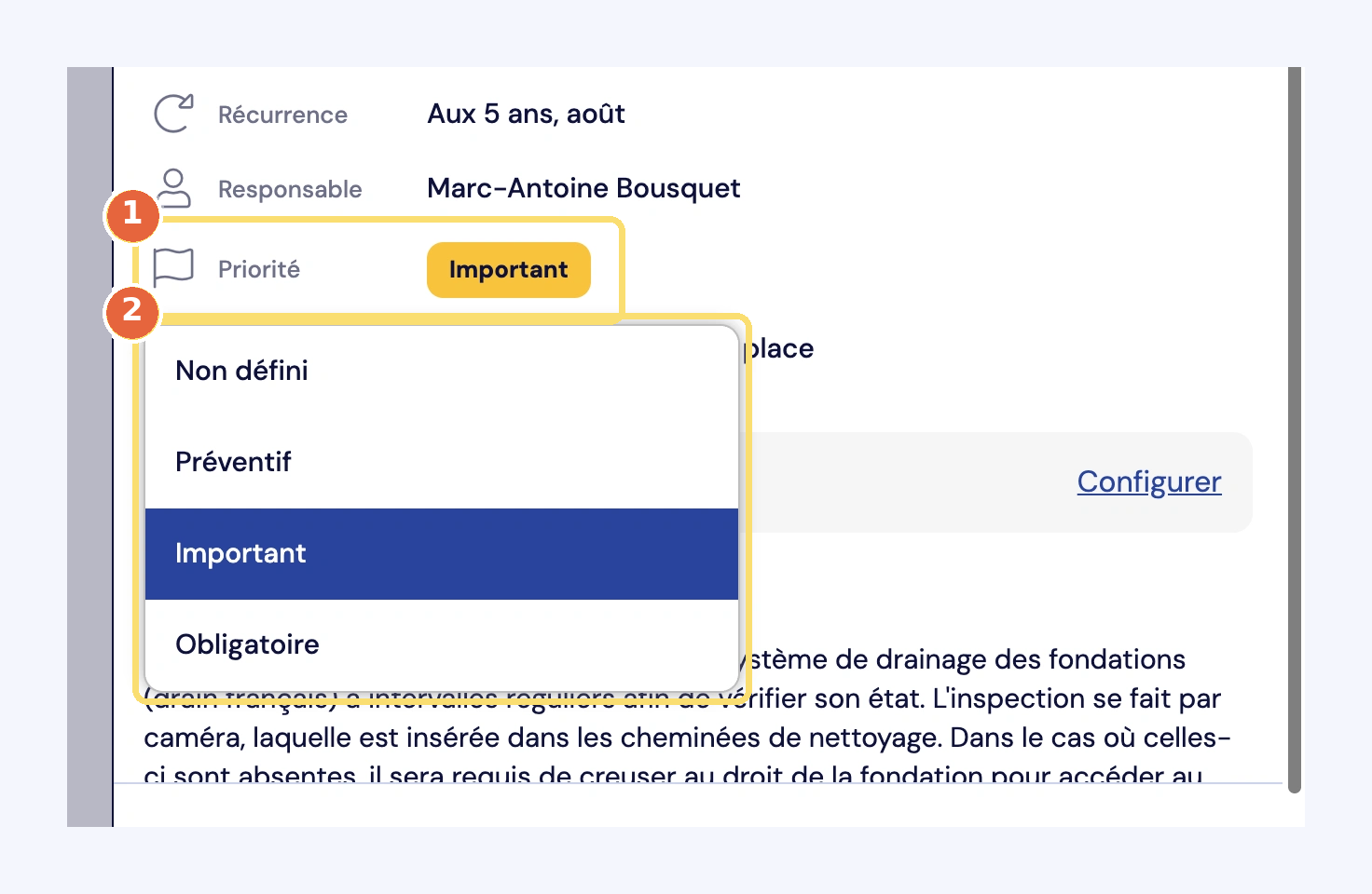 Capture du choix de la priorité : liste Non défini, Préventif, Important, Obligatoire.