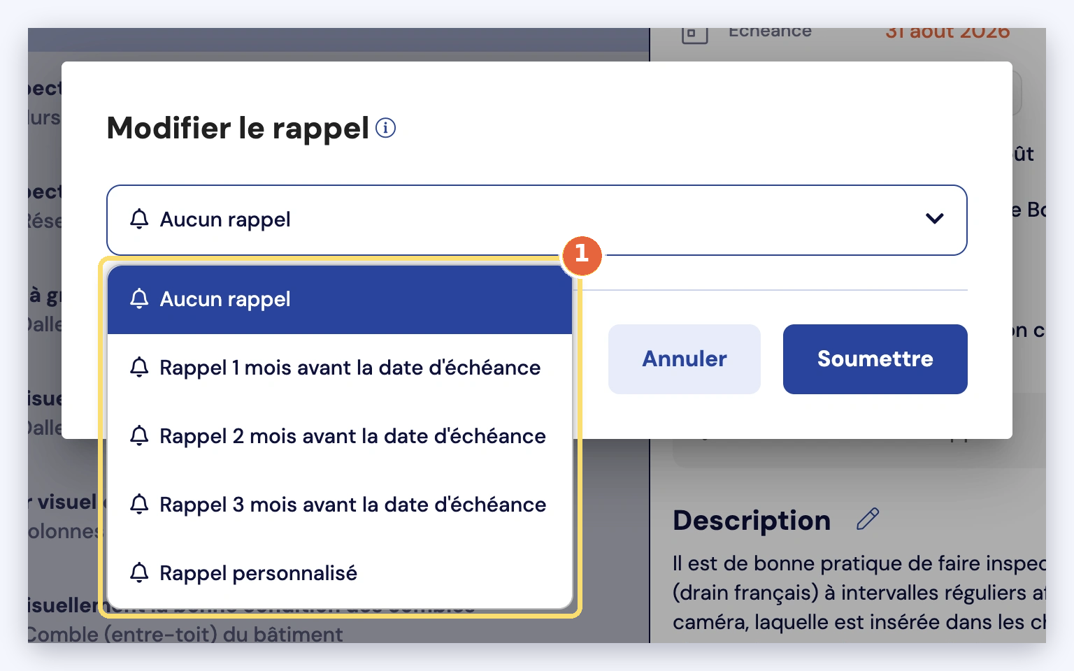 Capture de la fenêtre Modifier le rappel : Aucun rappel, rappel 1, 2 ou 3 mois avant l'échéance, rappel personnalisé.