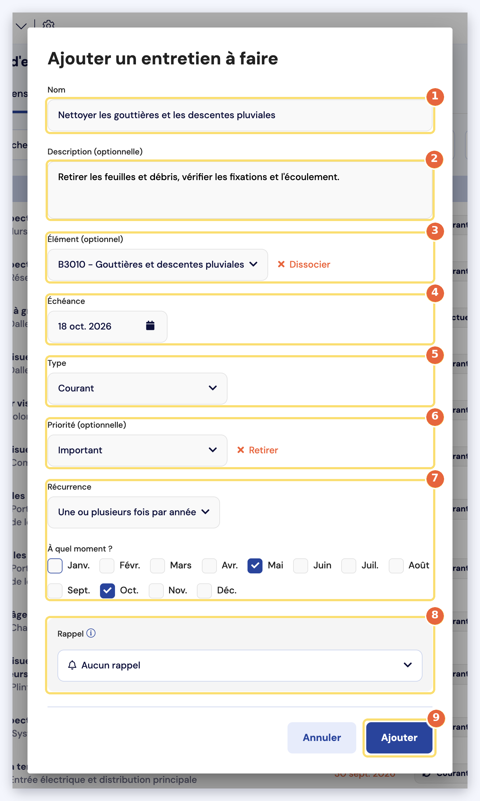 Capture de la fenêtre Ajouter un entretien à faire, remplie avec l'exemple du nettoyage des gouttières : nom (1), description (2), élément (3), échéance (4), type (5), priorité (6), récurrence et mois (7), rappel (8), bouton Ajouter (9).