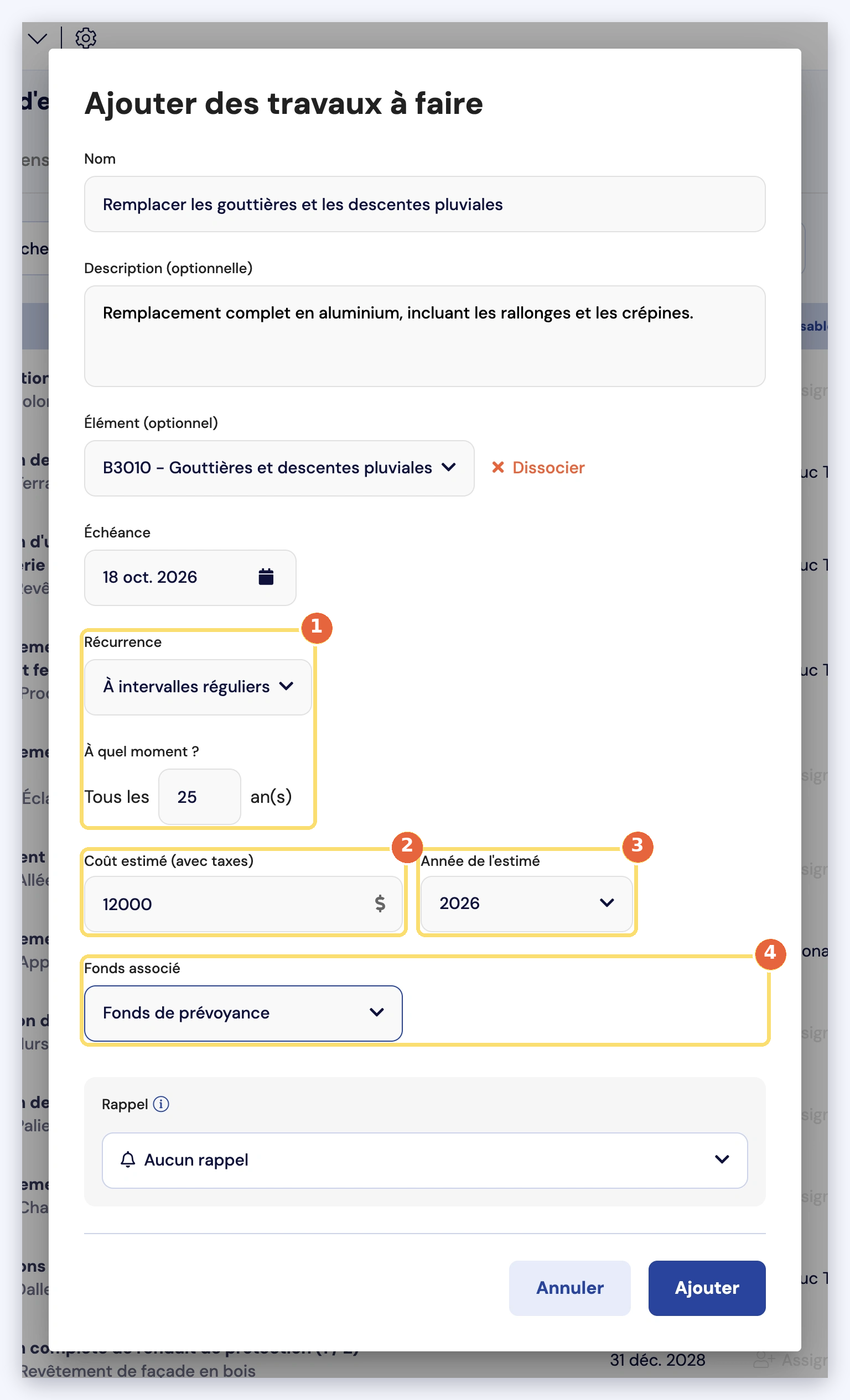 Capture de la fenêtre Ajouter des travaux à faire : récurrence à intervalles réguliers (1), coût estimé avec taxes (2), année de l'estimé (3) et fonds associé (4).