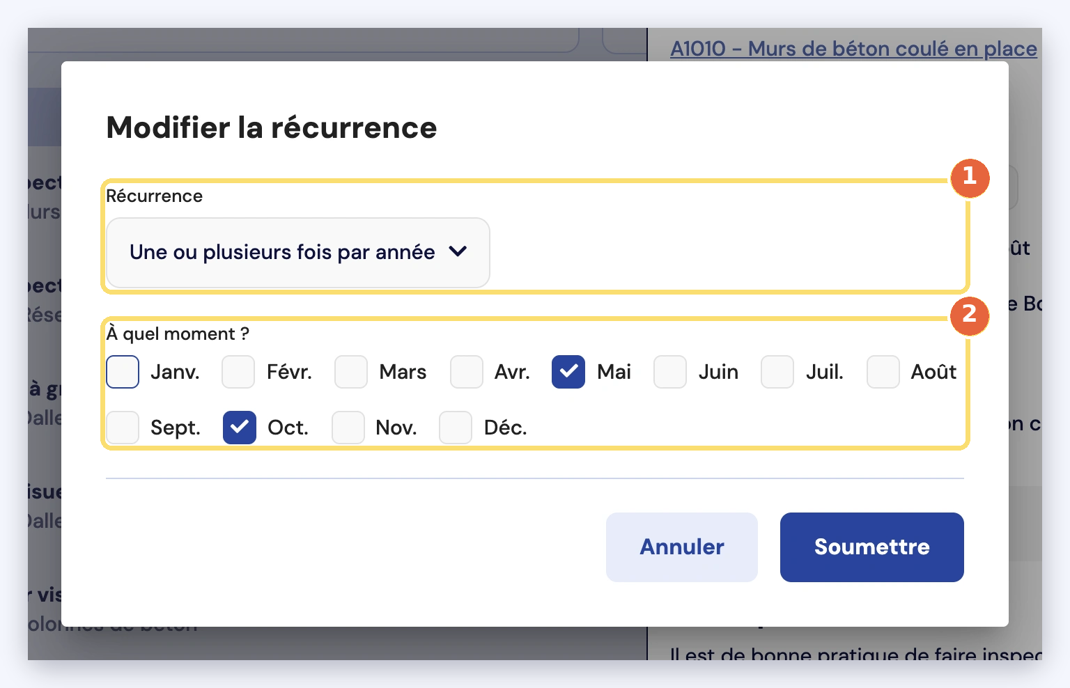 Capture de la fenêtre Modifier la récurrence en mode Une ou plusieurs fois par année : mode (1), mois cochés (2), ici mai et octobre.