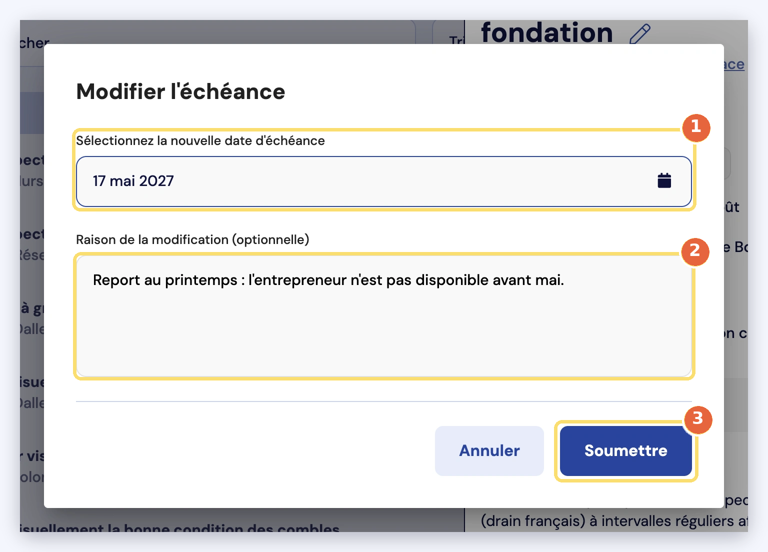 Capture de la fenêtre Modifier l'échéance : nouvelle date (1), raison de la modification (2), bouton Soumettre (3).