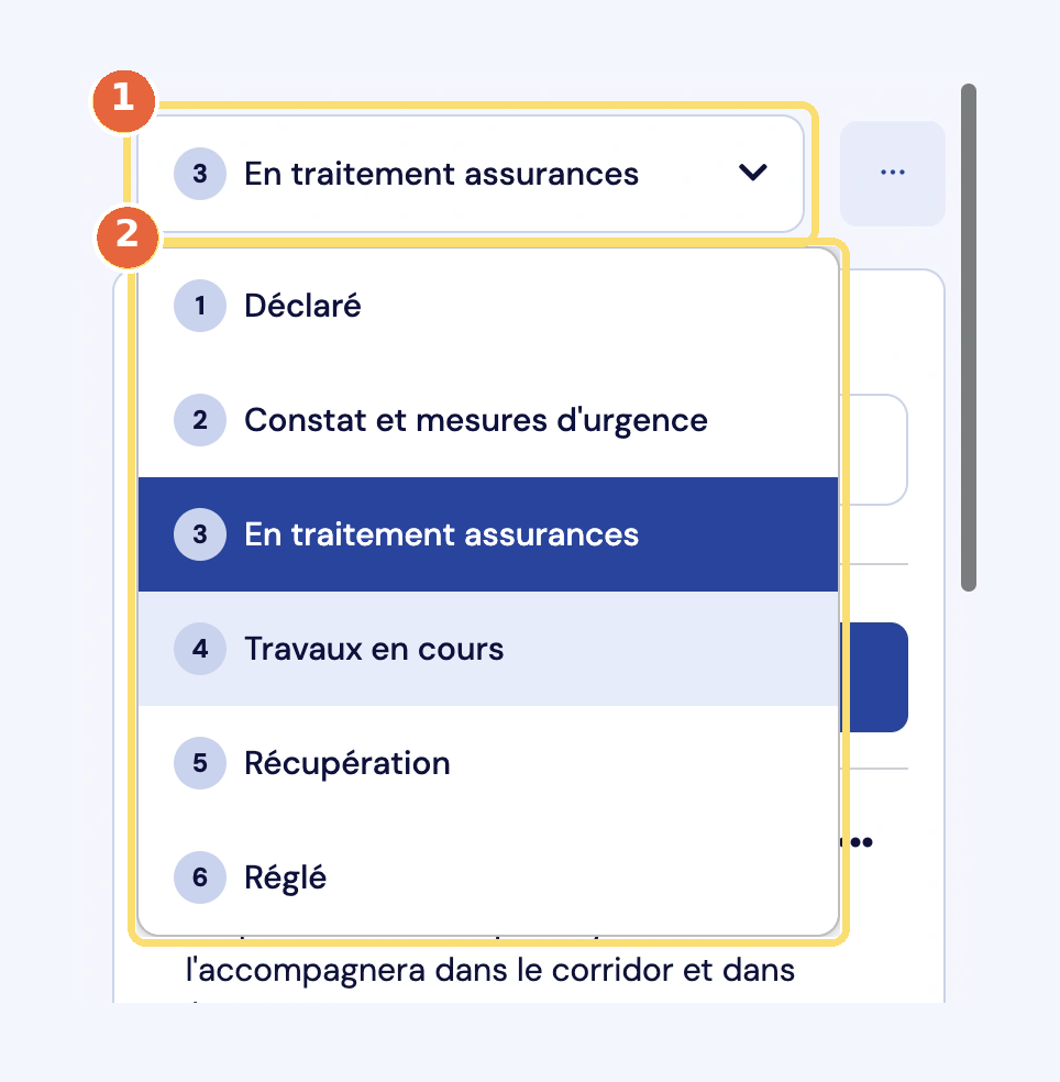 Capture du statut d'un sinistre (1) et de la liste de ses six étapes, de Déclaré à Réglé (2).