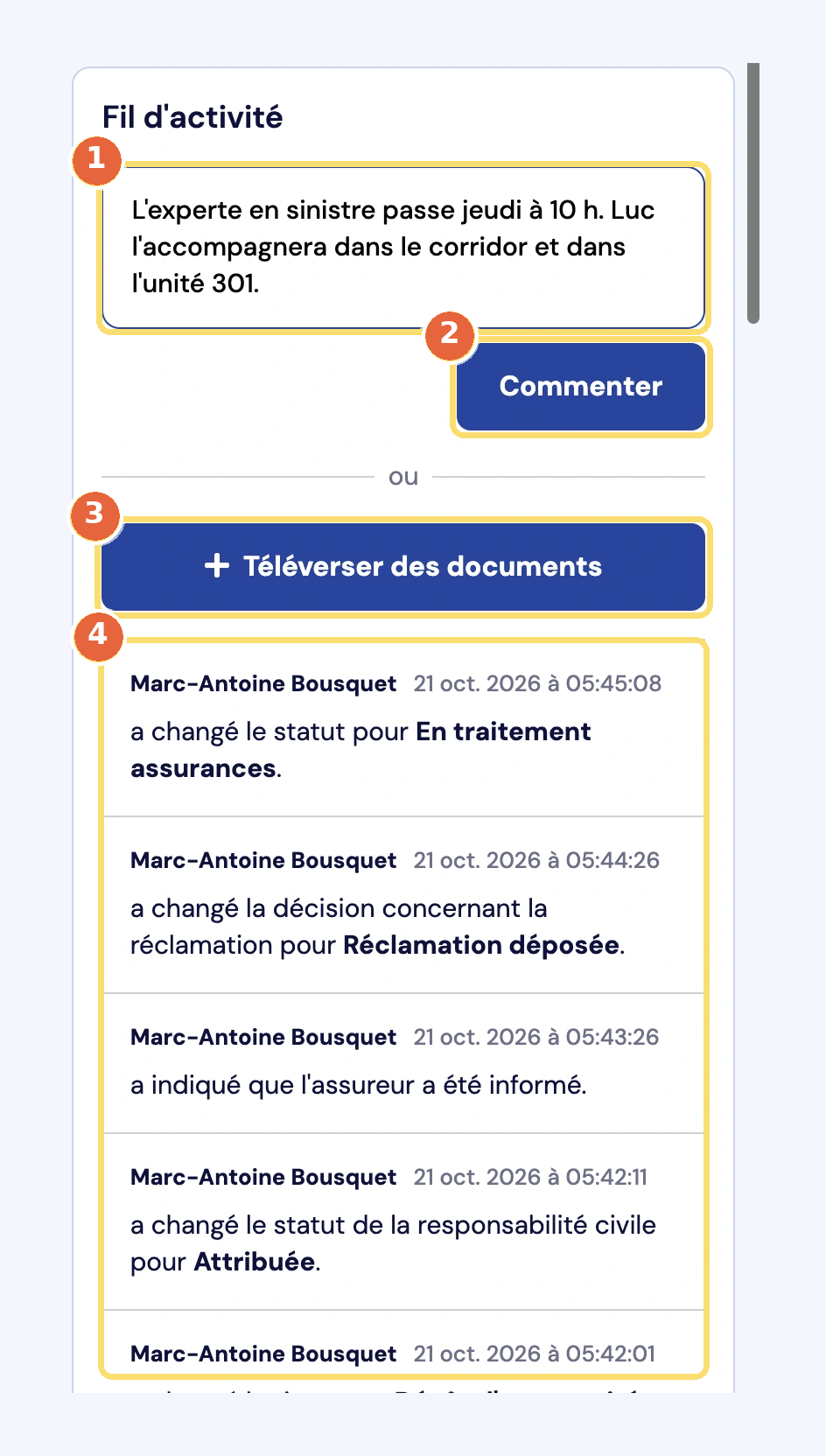 Capture du fil d'activités : un commentaire en cours de rédaction (1), le bouton Commenter (2), le bouton Téléverser des documents (3) et l'historique des changements, avec l'auteur et la date (4).