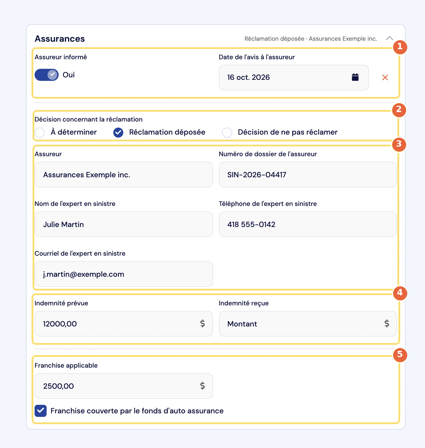 Capture de la section Assurances : l'assureur informé et la date de l'avis (1), la décision Réclamation déposée (2), l'assureur, le numéro de dossier et les coordonnées de l'expert en sinistre (3), les indemnités prévue et reçue (4), la franchise et la case Franchise couverte par le fonds d'auto assurance (5).