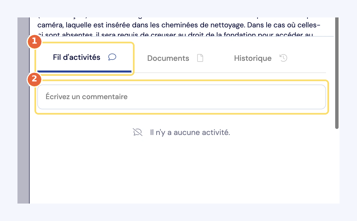 Capture du bas du panneau d'une tâche : l'onglet Fil d'activités (1) et le champ Écrivez un commentaire (2).