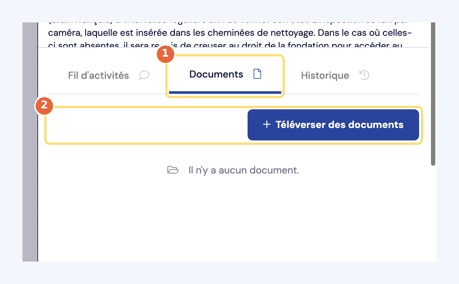 Capture de l'onglet Documents d'une tâche (1) et du bouton Téléverser des documents (2).